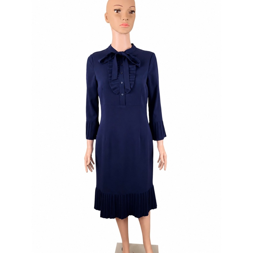 Rickie Freeman Teri Jon Dress 4 Navy Blue Bow Tie Pleated Sheath Midi